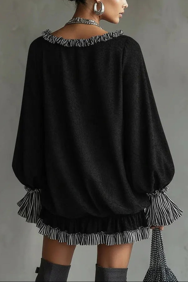 Robe mini décontractée à manches longues, ample et patchwork tendance, à volants et patchwork.