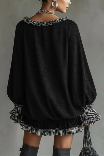 Robe mini décontractée à manches longues, ample et patchwork tendance, à volants et patchwork.
