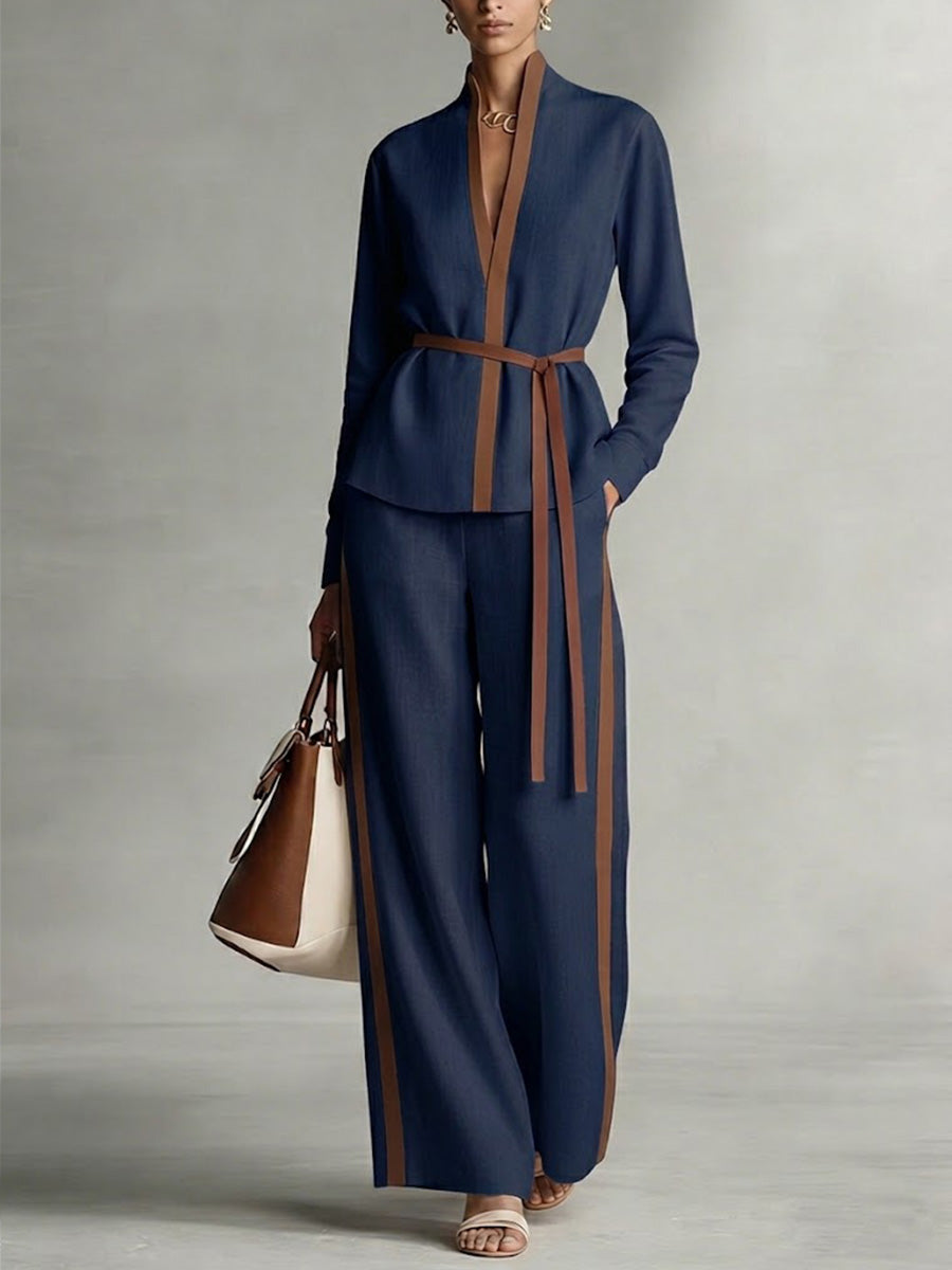 Ensemble décontracté en coton et lin pour femme : haut ample à col montant et manches longues, pantalon large ample à taille haute