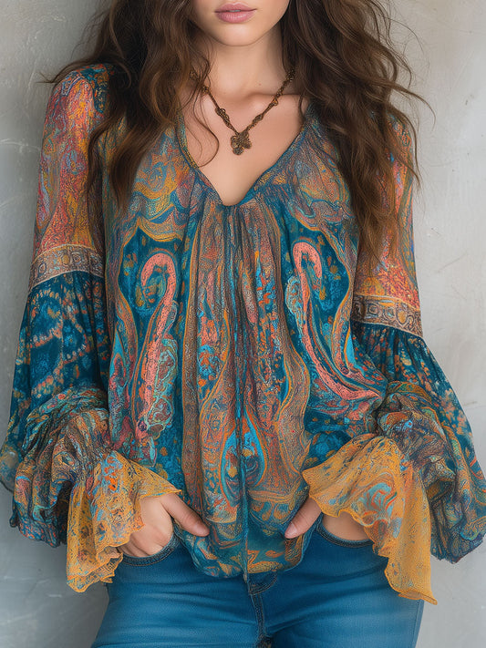 Blouse en mousseline de soie à motif cachemire bohème bleu sarcelle et ambré avec poignets à volants