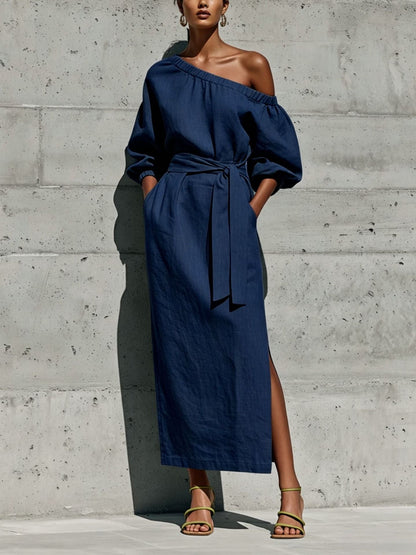 Linen One Shoulder Puff Sleeve Tie Waist Side Slit Midi Dress