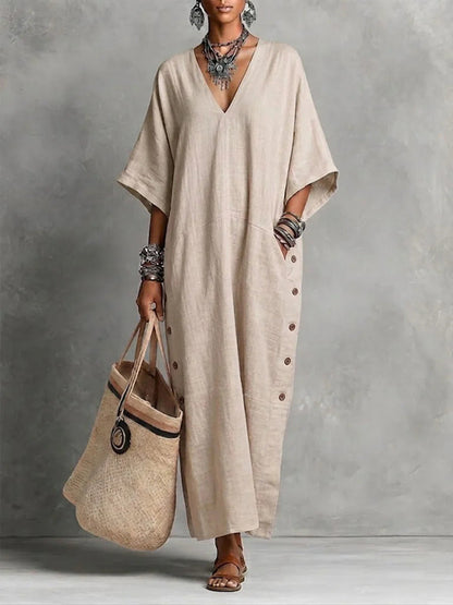 Natural Linen V-Neck Batwing Side Button Slit Maxi Kaftan Dress
