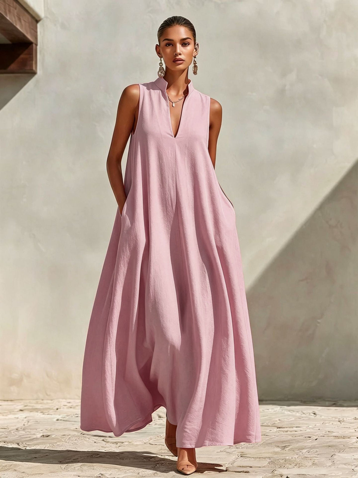 Stand Collar Sleeveless Linen Blend Pocketed Oversized Maxi Dress