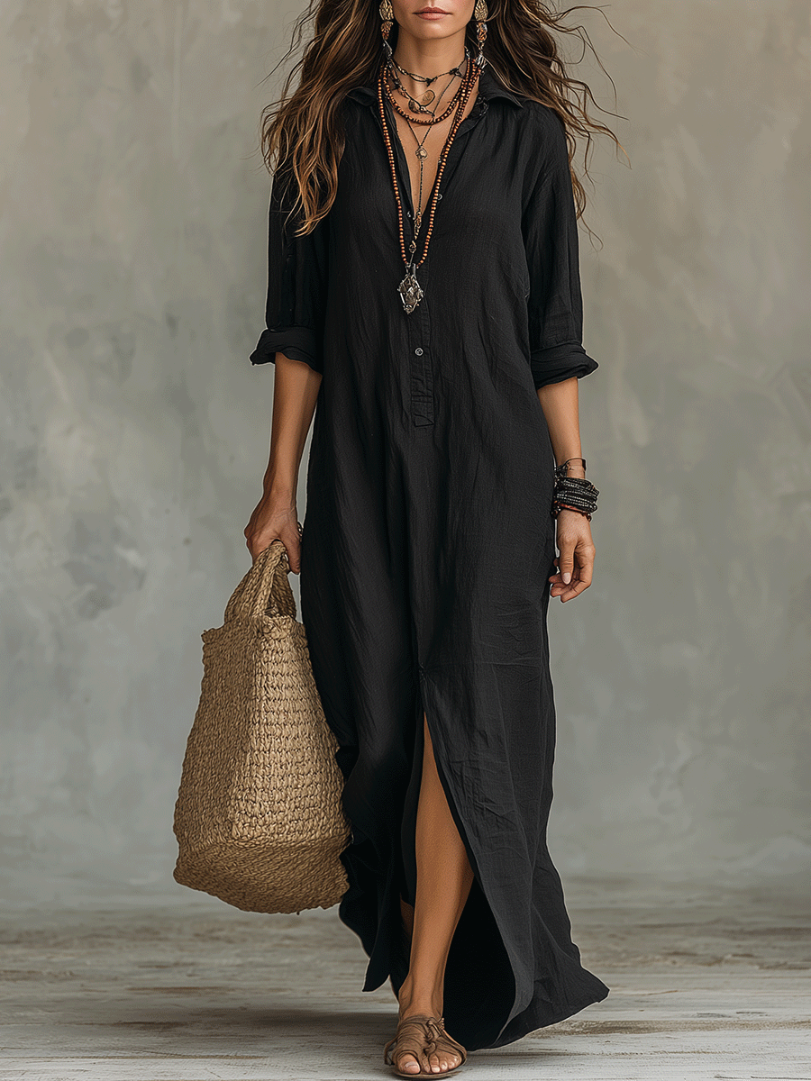 Robe longue maxi bohème à boutons sur le devant noire