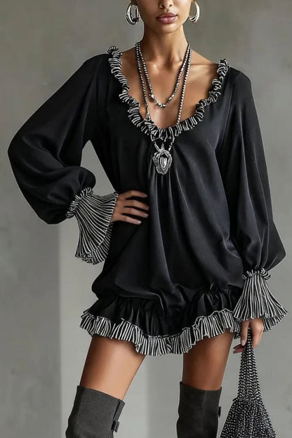 Robe mini décontractée à manches longues, ample et patchwork tendance, à volants et patchwork.