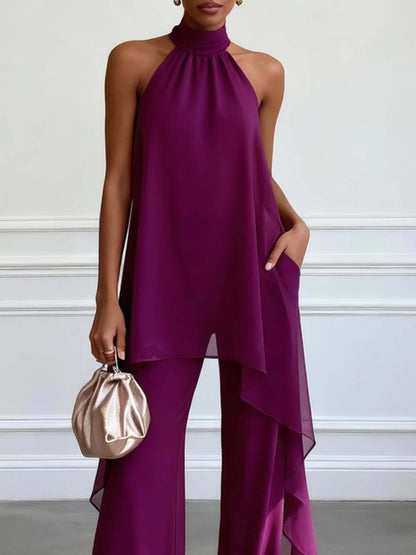Elegant Deep Purple Chiffon Halter Neck Two-Piece Wide-Leg Pants Set