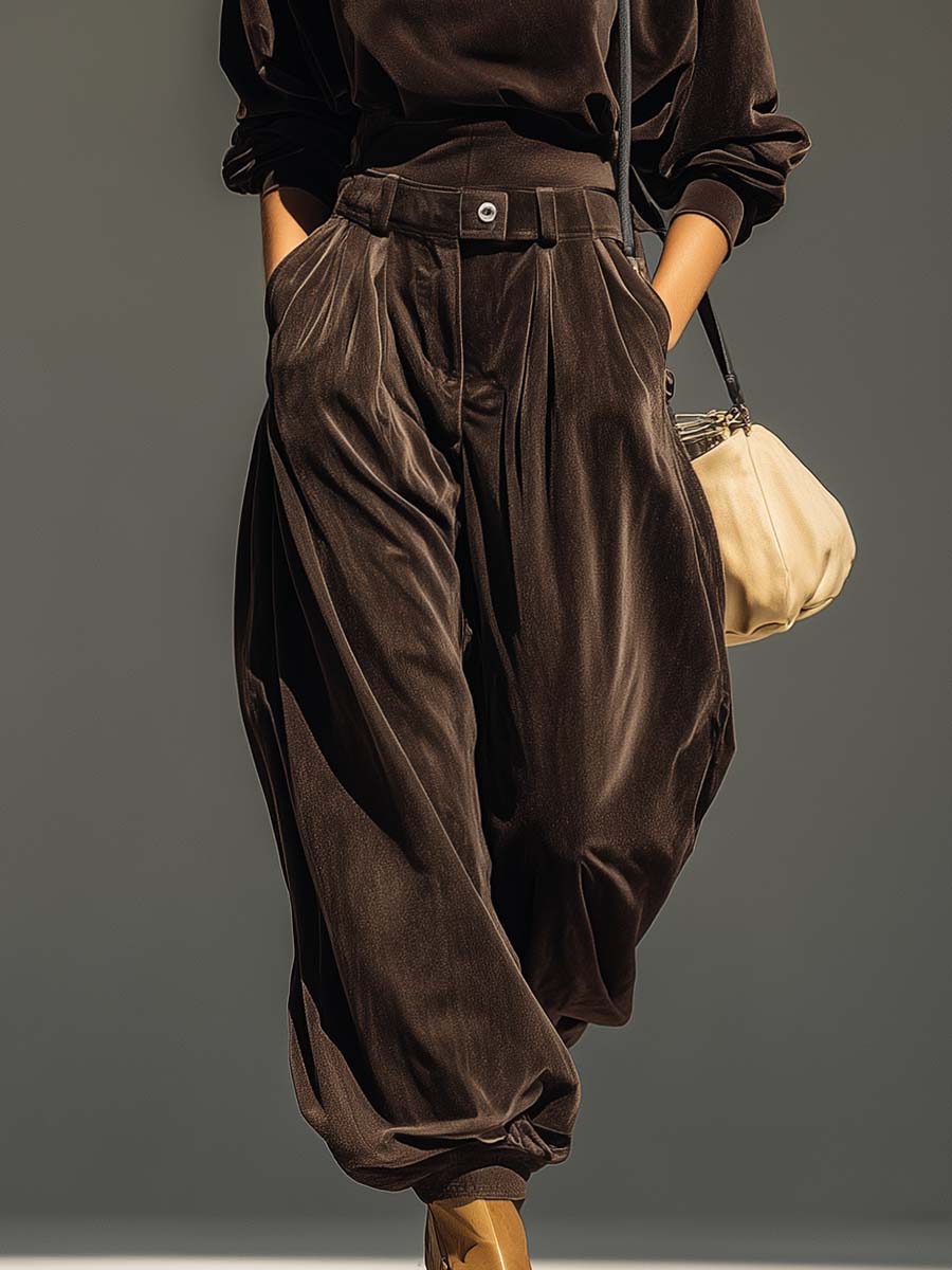 Ensemble sweat à capuche en velours marron vintage et pantalon ample (ceinture incluse)