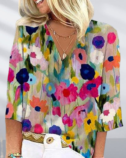 Chemise décontractée à col V, manches trois‑quarts, à imprimé floral coloré