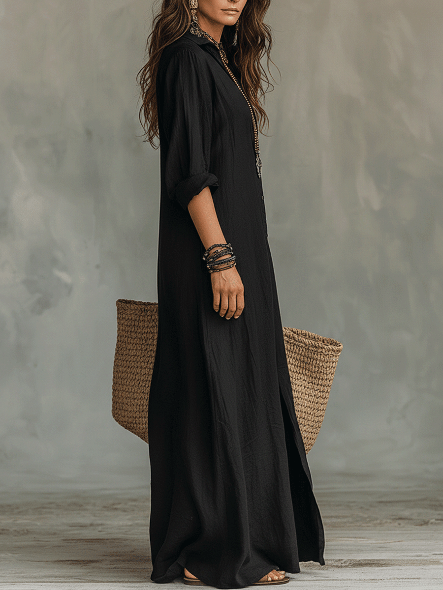 Robe longue maxi bohème à boutons sur le devant noire