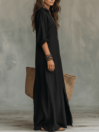 Robe longue maxi bohème à boutons sur le devant noire