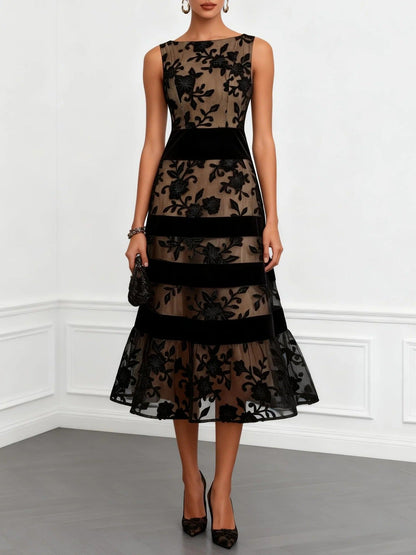 Nude Mesh Black Floral Lace Velvet Strip Sleeveless Midi Dress