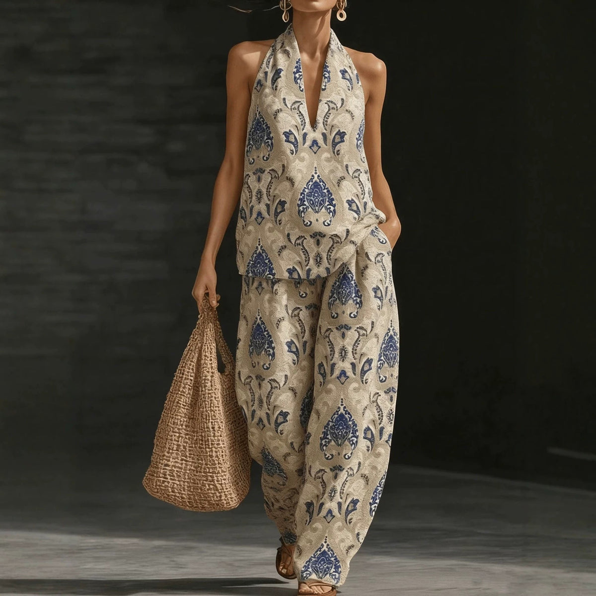 Geometric Print Halter V-Neck Sleeveless Top & Wide Leg Pants Two Piece Set