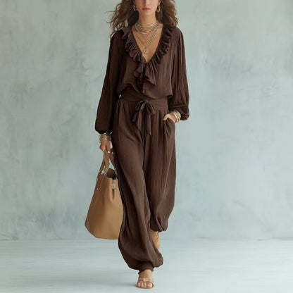 Ruffle V-Neck Long Sleeve Top & Tie Waist Wide Leg Pants Two Piece Set