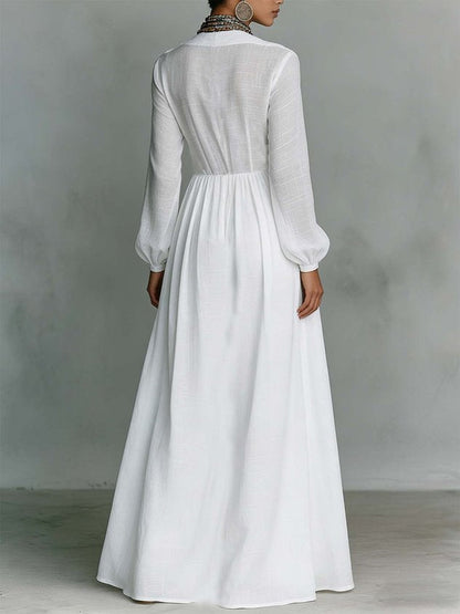 Robe maxi décontractée en coton et lin, taille haute, col montant, pour le quotidien