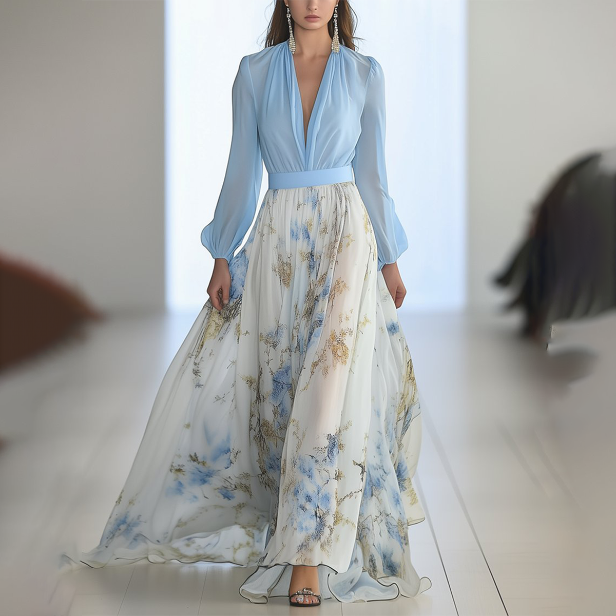 Robe longue à col V imprimée de fleurs, absolument magnifique