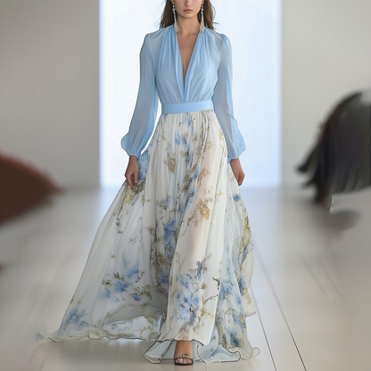 Robe longue à col V imprimée de fleurs, absolument magnifique