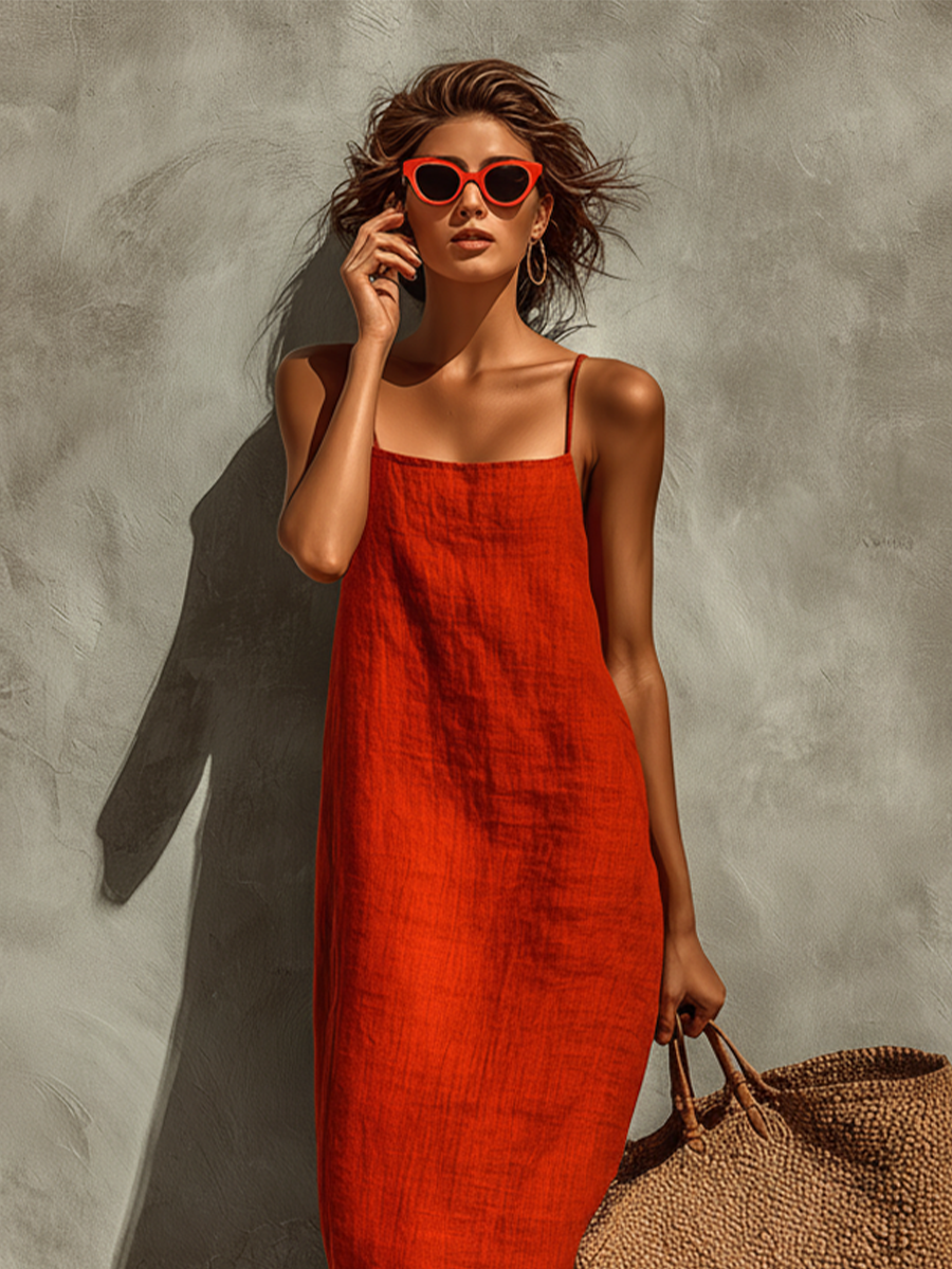 Robe Femme Rouge en Coton à Bretelles Fines et Encolure Carrée, Style Bohème Chic Intemporel