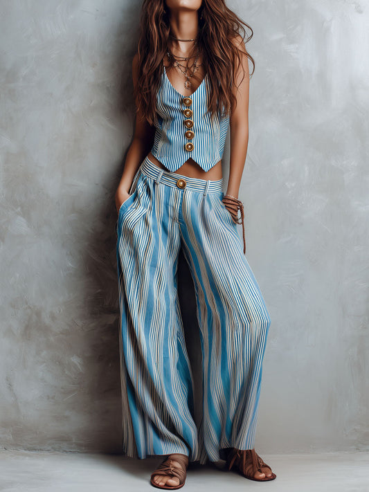 Ensemble gilet rayé bleu style bohème et pantalon à jambes larges