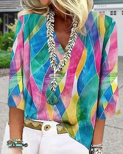 Blouse à col V à couleurs contrastées