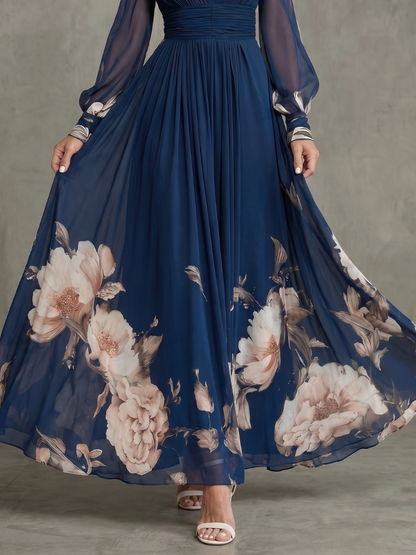 Pleated Sheer Sleeve Navy Maxi Dress