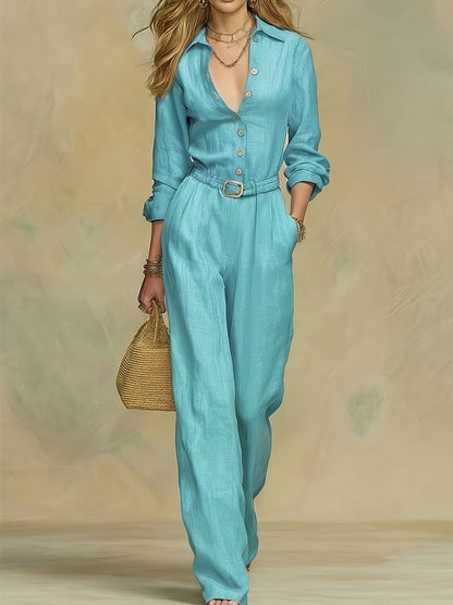 Classic Collared Belted Linen Blend Wide Leg Jumpsuit