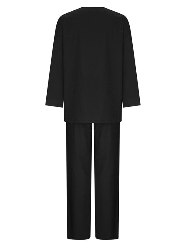 Ensemble deux pièces : haut chemise à manches longues ample col rond couleur unie + pantalon à cordon taille