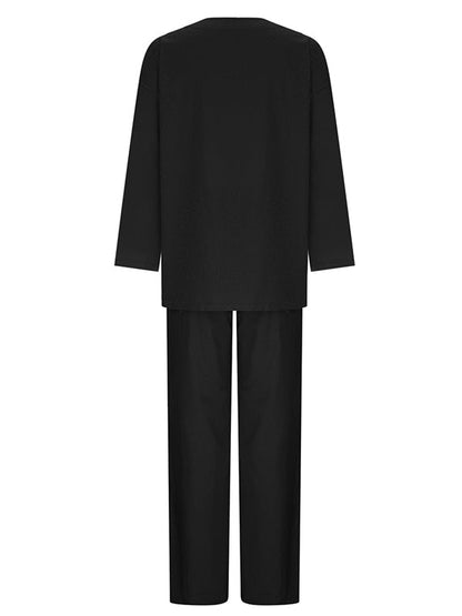 Ensemble deux pièces : haut chemise à manches longues ample col rond couleur unie + pantalon à cordon taille