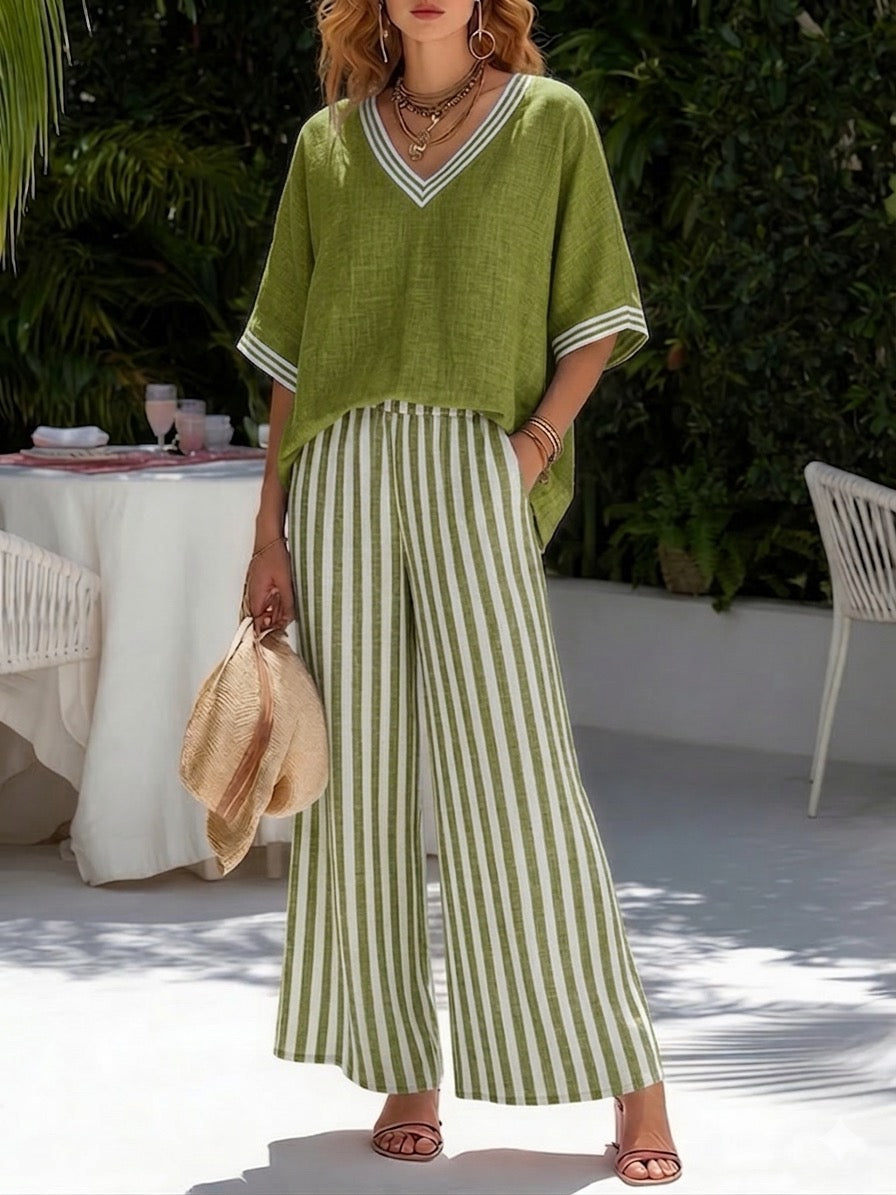 Ensemble décontracté deux‑pièces : haut rayé en patchwork lin et coton et pantalon rayé