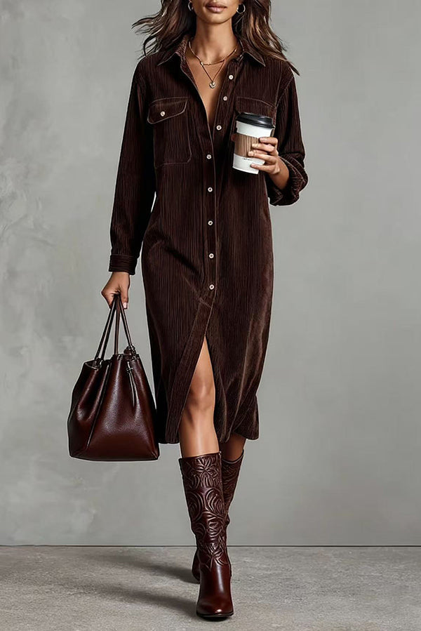 Robe midi chemise décontractée uni, boutonnage simple, avec poches