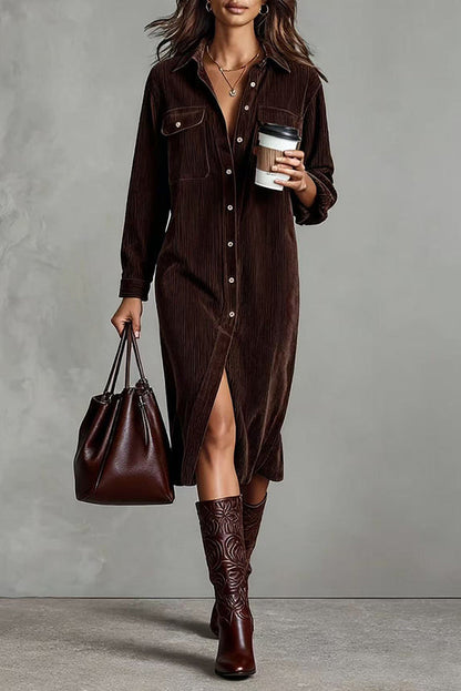 Robe midi chemise décontractée uni, boutonnage simple, avec poches