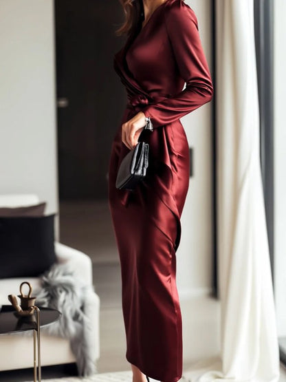 Elegant plain crossover collar midi dress with belt