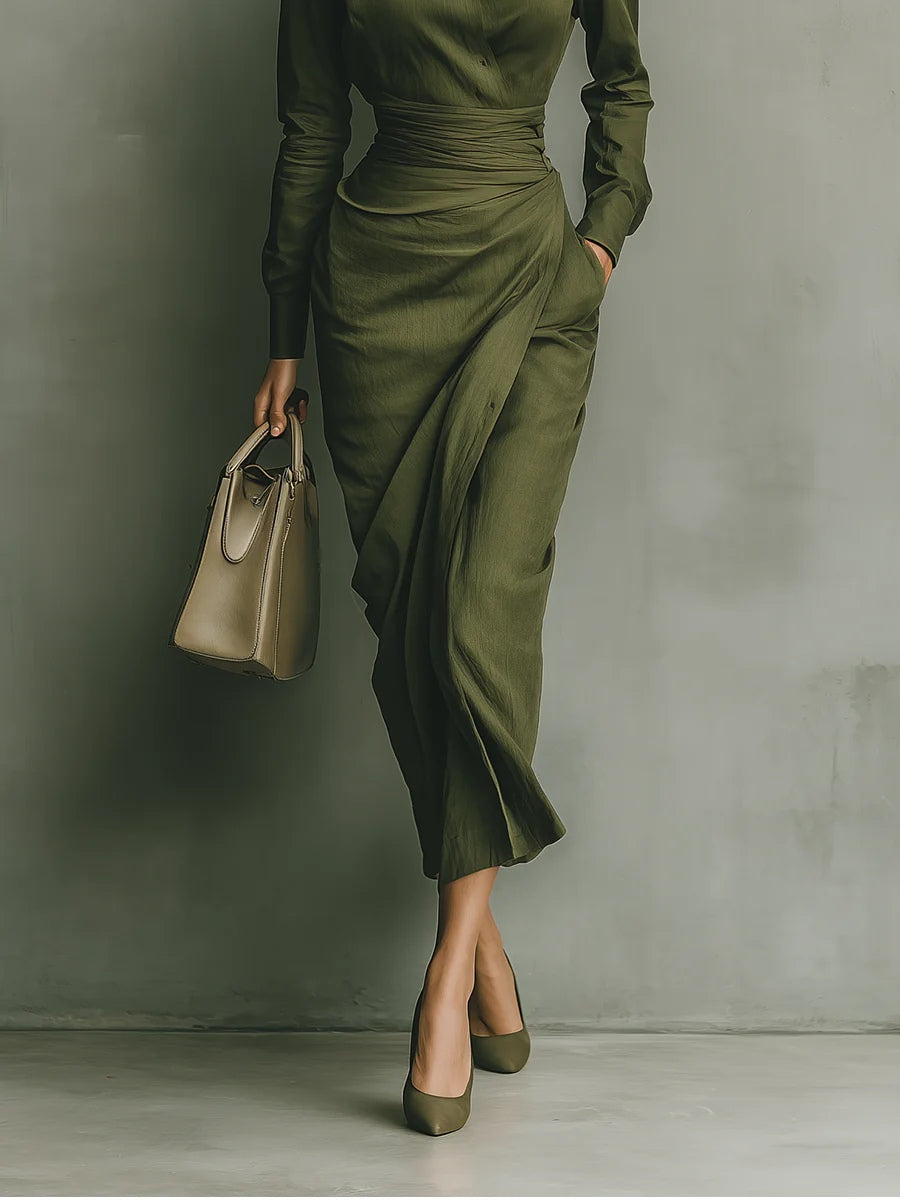 Robe longue en mélange de coton vert armée