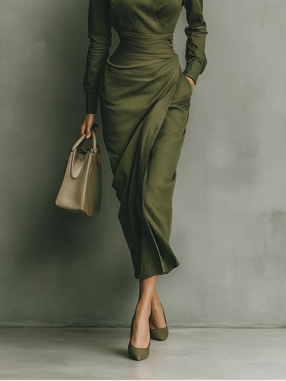 Robe longue en mélange de coton vert armée