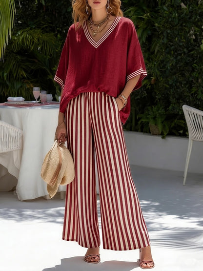 Ensemble décontracté deux‑pièces : haut rayé en patchwork lin et coton et pantalon rayé