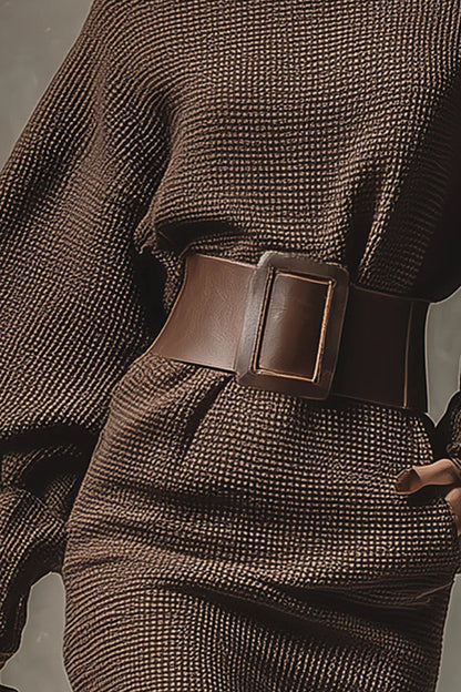 Robe mini tricotée unie, à manches lanterne, taille haute et ceinturée