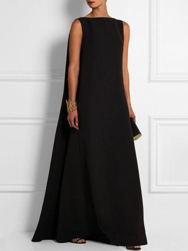 Robe vintage unie sans manches en tissu tissé à col rond