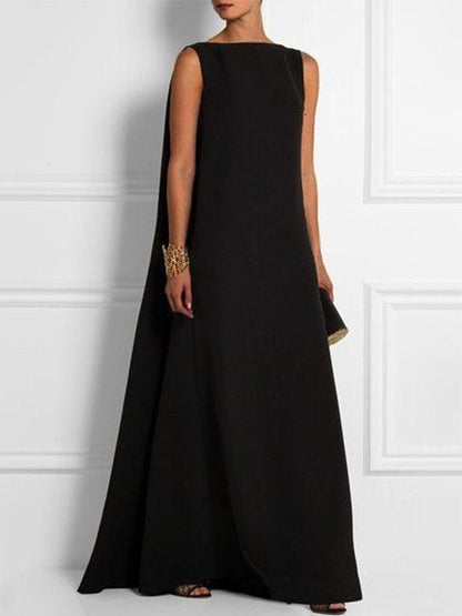 Robe vintage unie sans manches en tissu tissé à col rond
