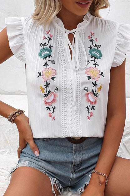 Tops décontractés à manches volantées avec broderie mode