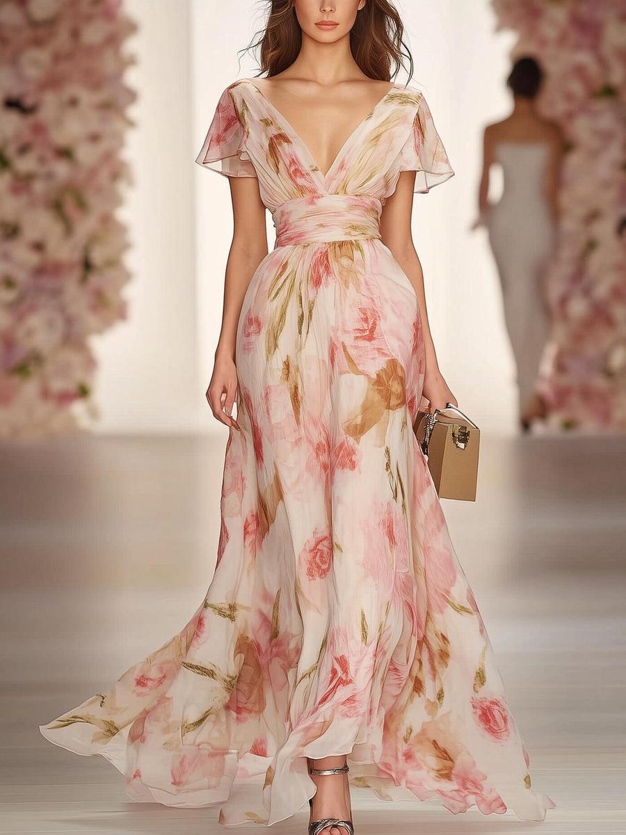 Robe longue rose à manches courtes et col en V
