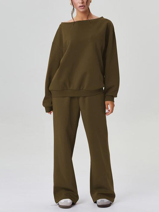 Ensemble haut à manches longues épaules découvertes et pantalon à jambes larges pour femme