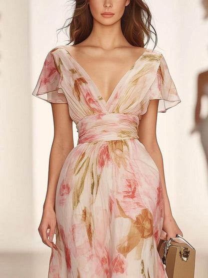Robe longue rose à manches courtes et col en V