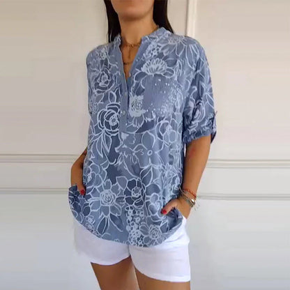 Blouse imprimée à col V avec boutonnage devant