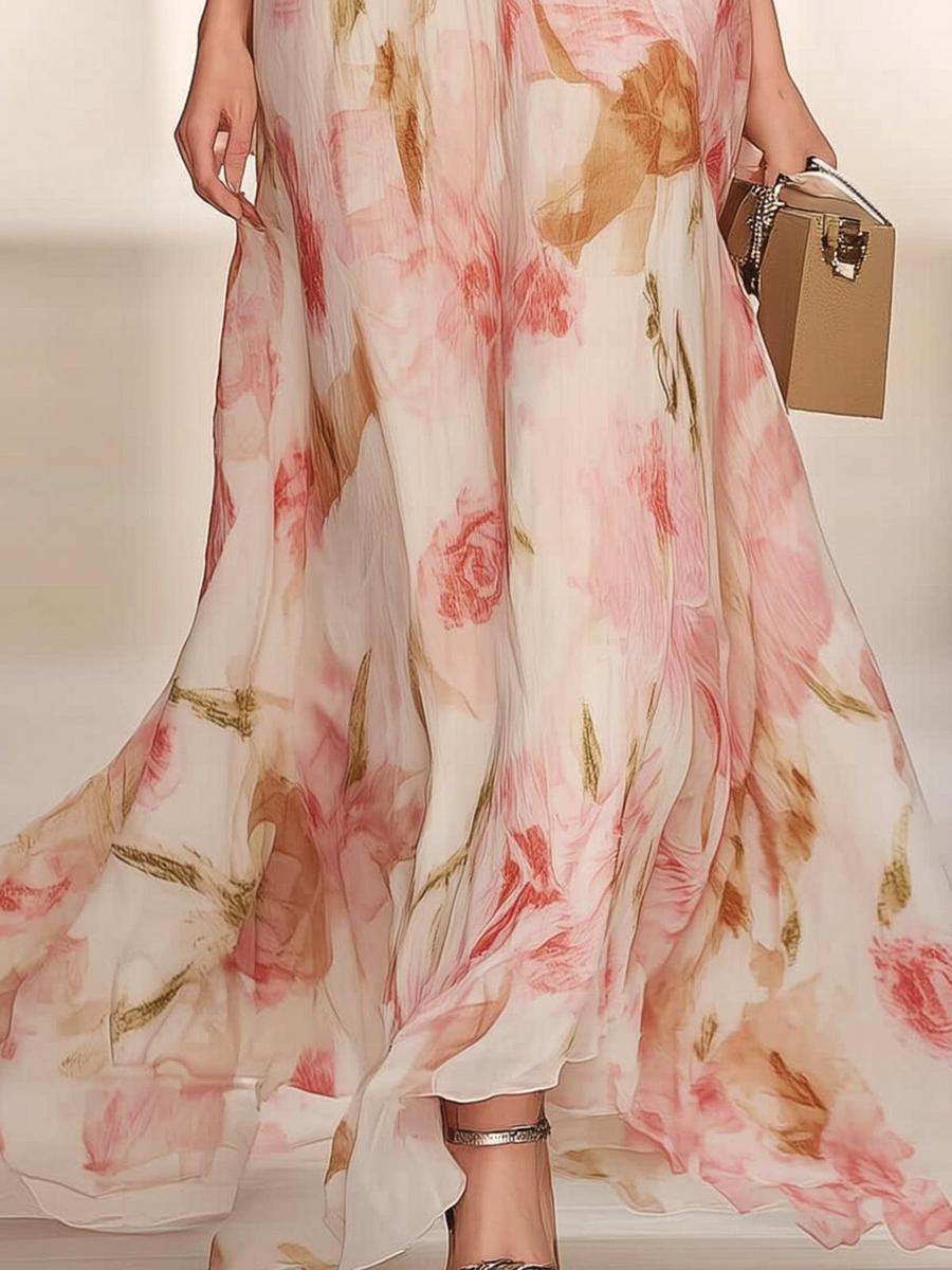 Robe longue rose à manches courtes et col en V