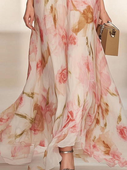 Robe longue rose à manches courtes et col en V
