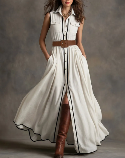 Robe‑chemise longue ceinturée avec passepoils contrastés