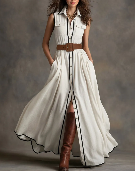 Robe‑chemise longue ceinturée avec passepoils contrastés
