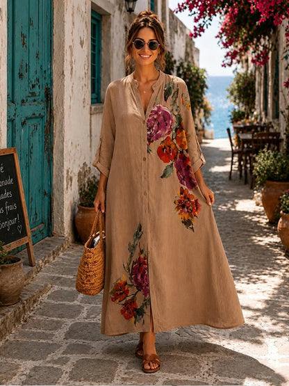 Floral Print Linen Button Down Maxi Dress
