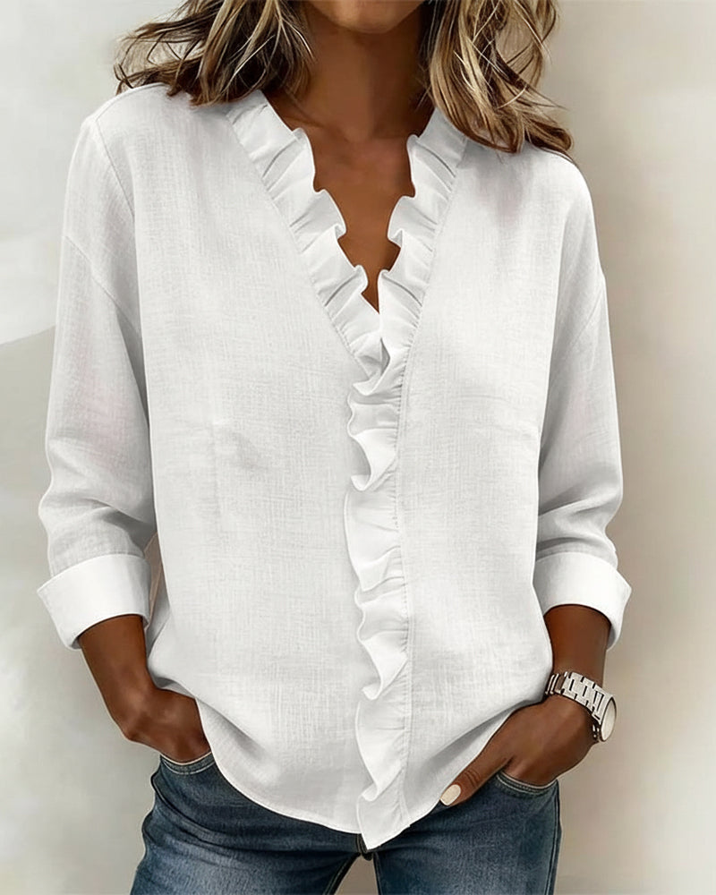 Blouse à manches longues à col V à volants