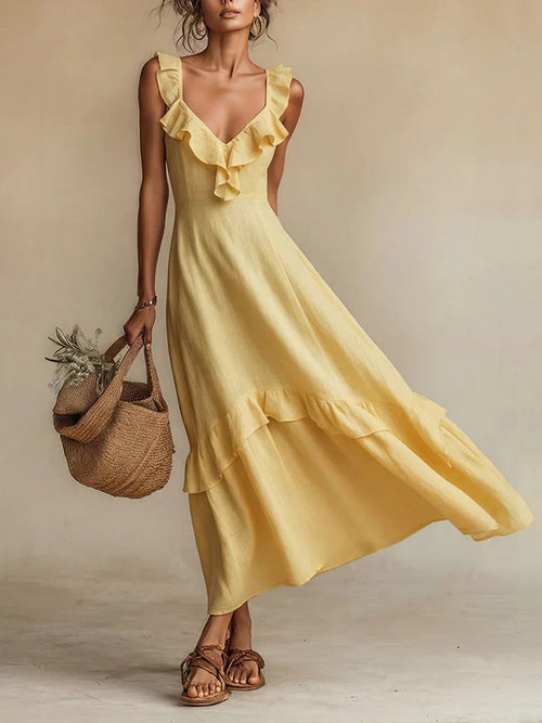 Robe longue maxi mélange lin à volants