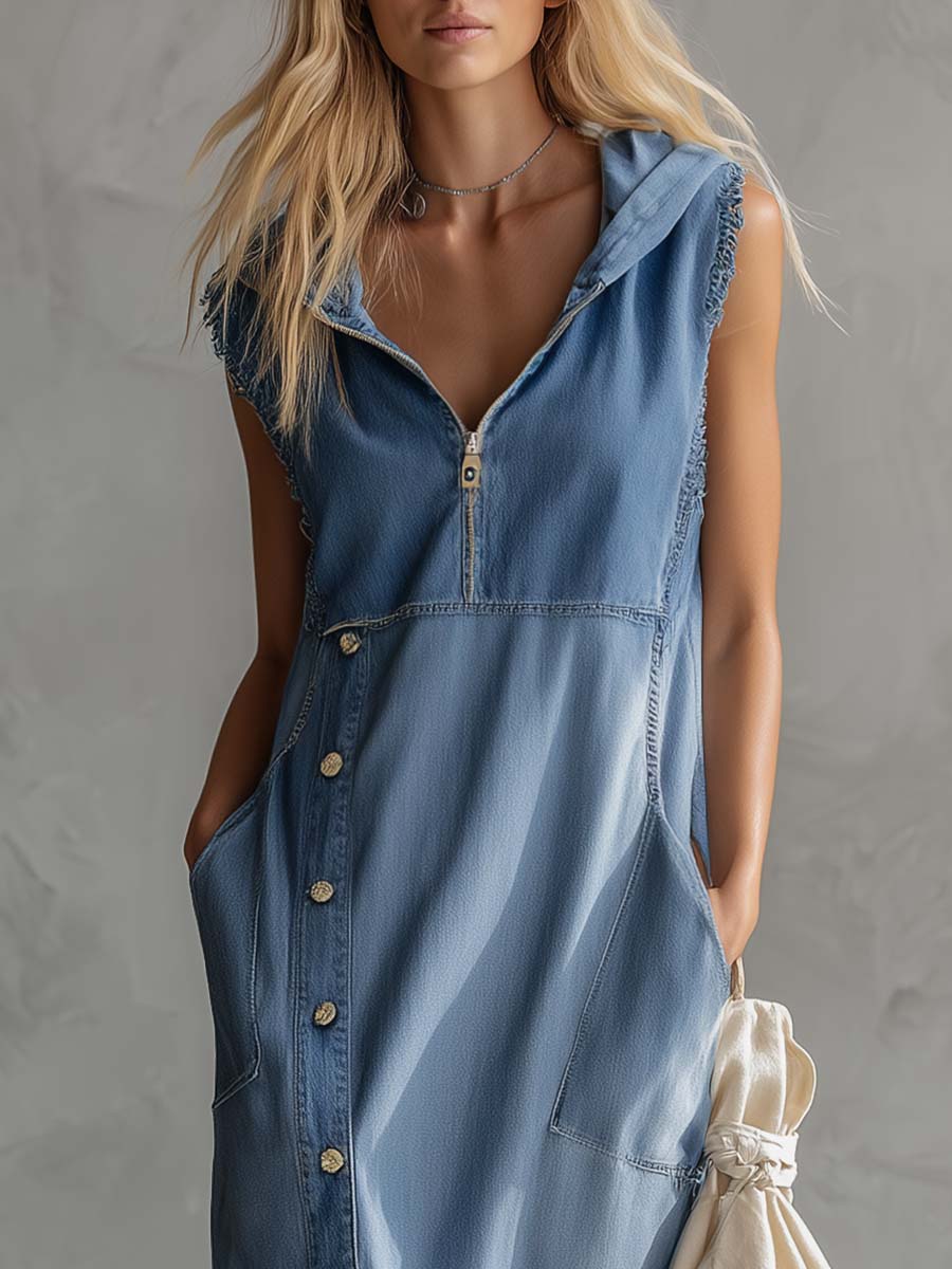 Robe midi en jean bleu vintage décontractée et raffinée, à capuche, col V, fermeture à glissière, fentes latérales et boutons